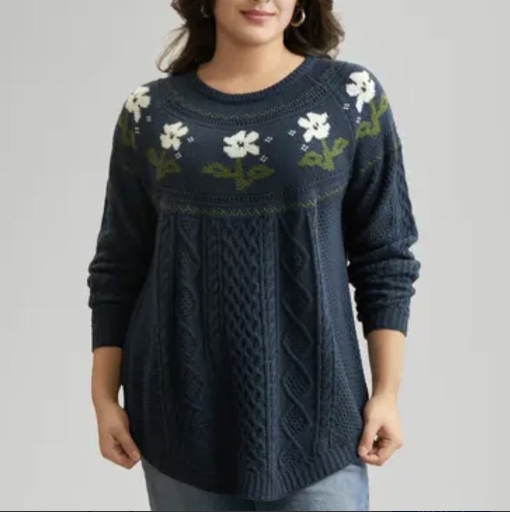 BloomChic Navy Floral Fisherman Cable Knit Sweater